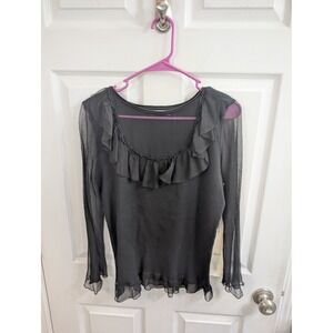 Sara Mique Silk Ruffle Blouse‎ Womens Black  Sheer Pleated Top - Size XL